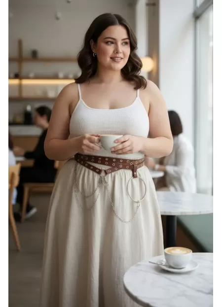 Büyük Beden Kahverengi Kadın Kemer Zincir Detaylı Halkalı Elbise Kombini - APFT621