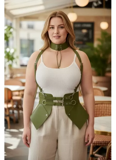 Büyük Beden Haki Kadın Kemer Omuz Askılı Deri Korse Tarzı - APFT622