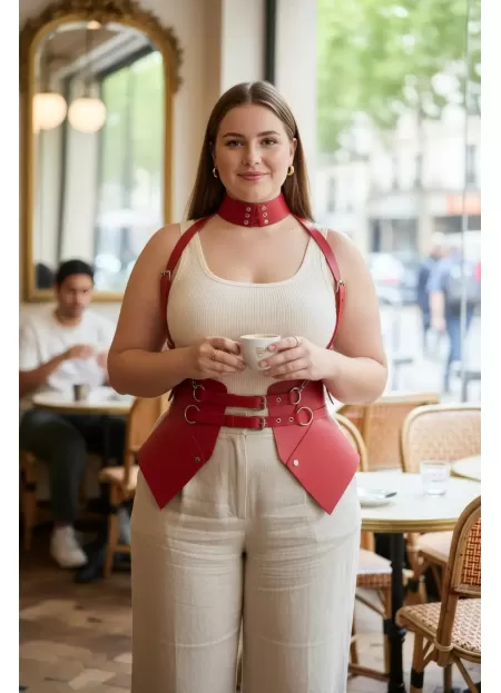 Büyük Beden Kırmızı Kadın Kemer Korse Tasarımlı Askılı Harness Detaylı - APFT622