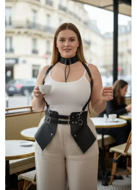 Büyük Beden Siyah Kadın Deri Kemer Boyun Bağlantılı Korse Harness - APFT622