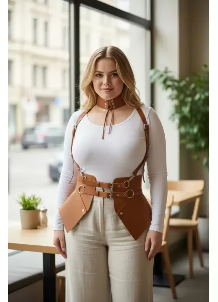 Büyük Beden Taba Kadın Deri Korse Kemer Askılı Vücut Aksesuarı - APFT622