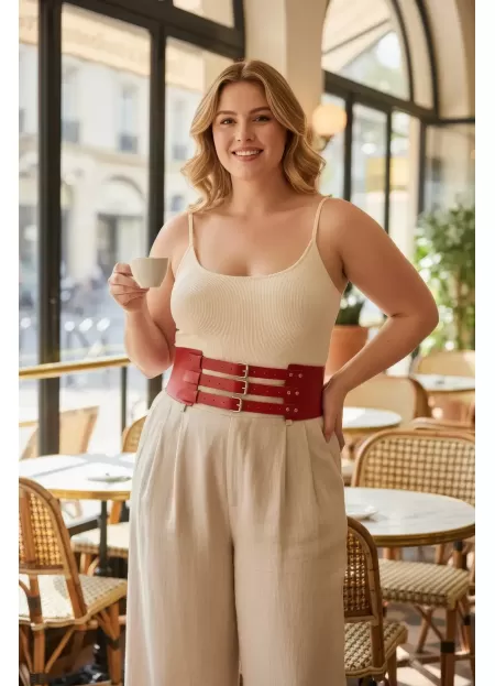 Büyük Beden Kırmızı Kadın Kemer Üç Tokalı Kalın Korse Detaylı - APFT624