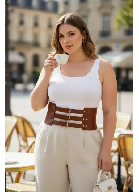 Büyük Beden Taba Kadın Kemer Üç Tokalı Korse Stil Bel Vurgulayıcı - APFT624