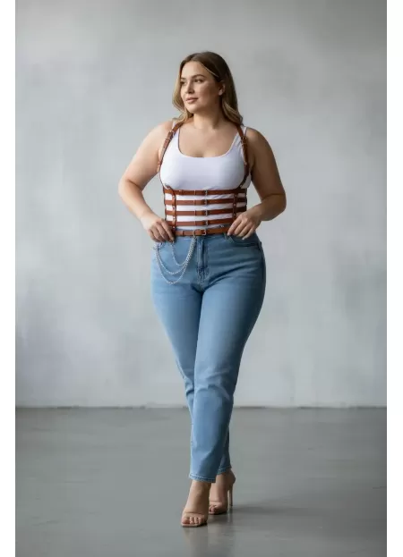 Büyük Beden Taba Kadın Kemer Zincir Detaylı Korse Tarzı Deri Harness - APFT626