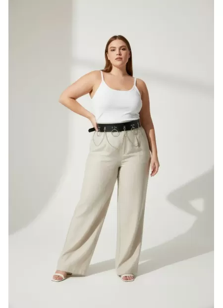 Büyük Beden Siyah Kadın Kemer Zincir ve Halka Detaylı Deri Görünümlü - APFT639