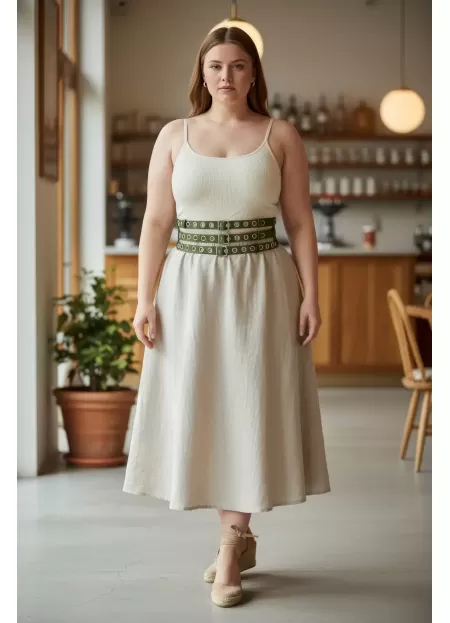 Büyük Beden Haki Kadın Kalın Kemer Çift Sıra Kuş Gözü Detaylı - APFT641