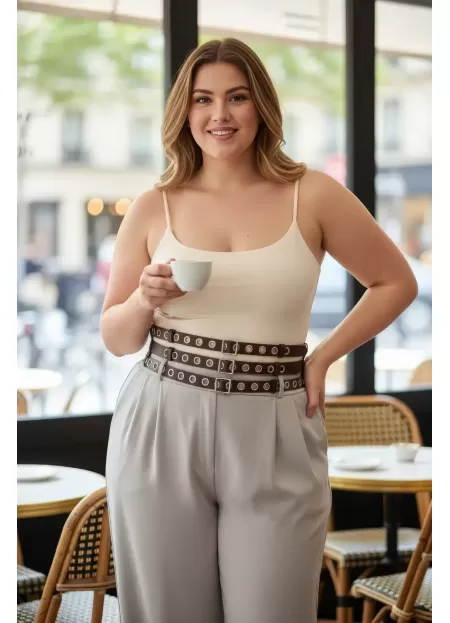 Büyük Beden Koyu Kahve Kadın Geniş Kemer Üç Sıra Metal Halkalı - APFT641