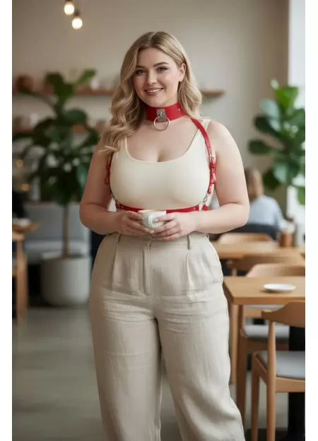 Büyük Beden Kırmızı Kadın Kemer Metal Halka Detaylı Deri Harness - APFT644