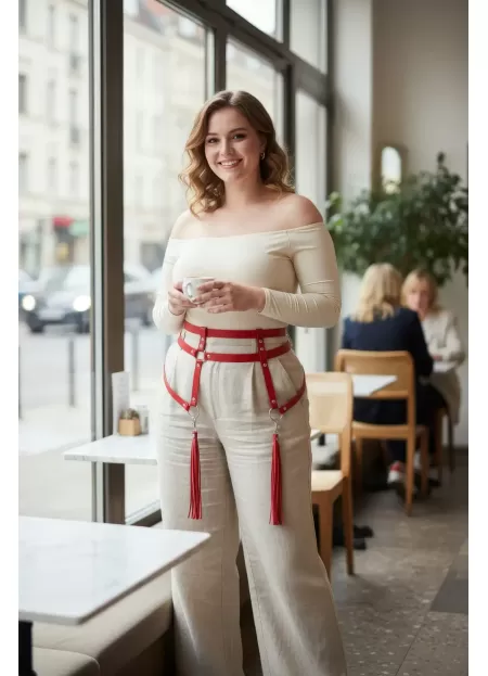 Büyük Beden Kırmızı Kadın Kemer Püskül Detaylı Deri Jartiyer Aksesuarı - APFT645