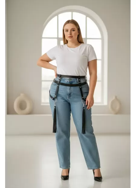 Büyük Beden Siyah Kadın Kemer Jartiyer Tarzı Püskül Detaylı Vücut Aksesuarı - APFT645