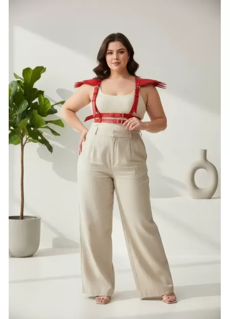 Büyük Beden Kırmızı Kadın Deri Kemer Omuz Detaylı Harness Vücut Aksesuarı - APFT717