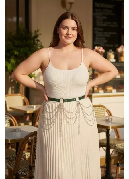 Büyük Beden Yeşil Kadın Kemer Çok Katmanlı Zincir Detaylı - APFT729