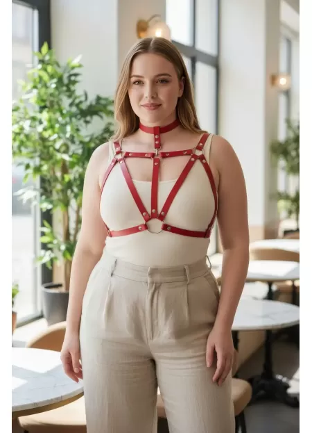 Büyük Beden Kırmızı Kadın Kemer Halka Detaylı Deri Harness Vücut Aksesuarı - APFT747
