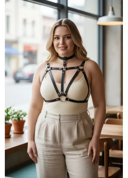 Büyük Beden Siyah Kadın Kemer Deri Vücut Aksesuarı Choker Detaylı - APFT747