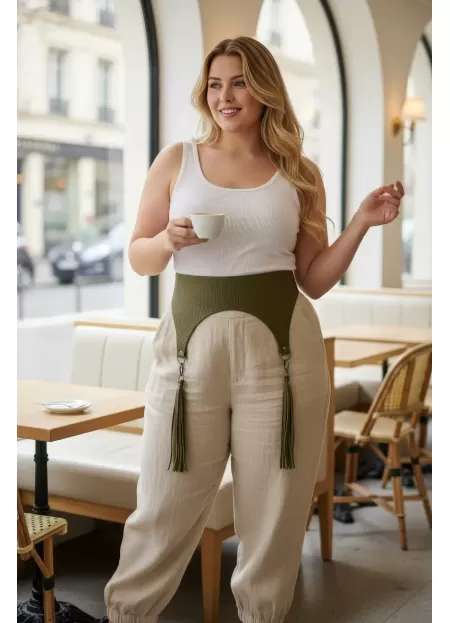 Büyük Beden Haki Kadın Kemer Püskül Detaylı Geniş Deri - APFT755