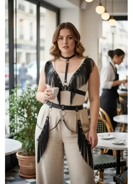 Büyük Beden Siyah Kadın Kemer Püsküllü Deri Harness Vücut Aksesuarı - APFT768