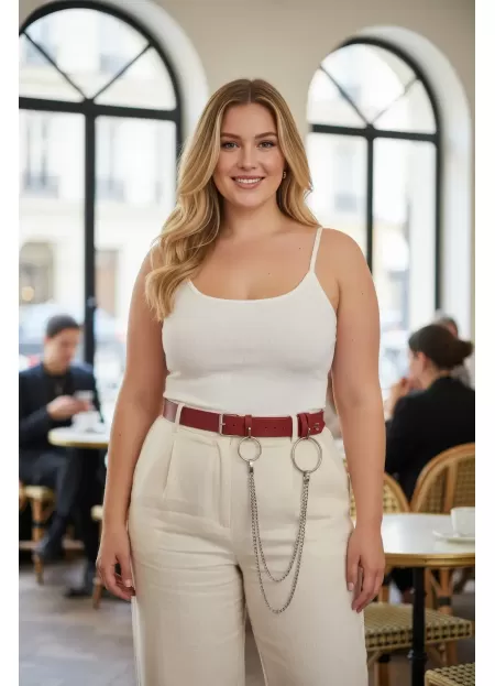 Büyük Beden Bordo Kadın Deri Kemer Halka ve Zincir Detaylı - APFT779