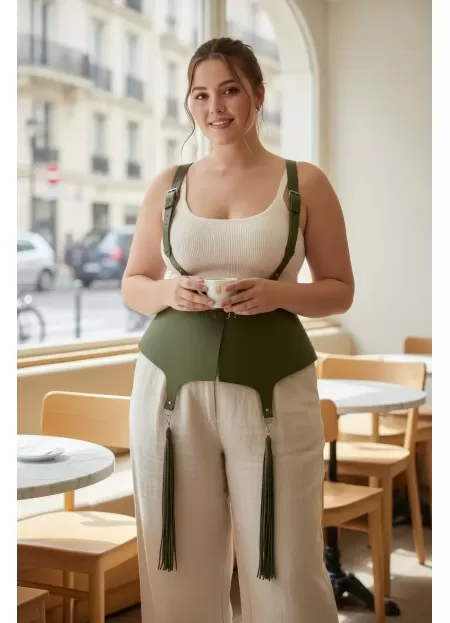 Büyük Beden Haki Kadın Kemer Korse Kesimli Omuz Askılı Püskül Detaylı - APFT787