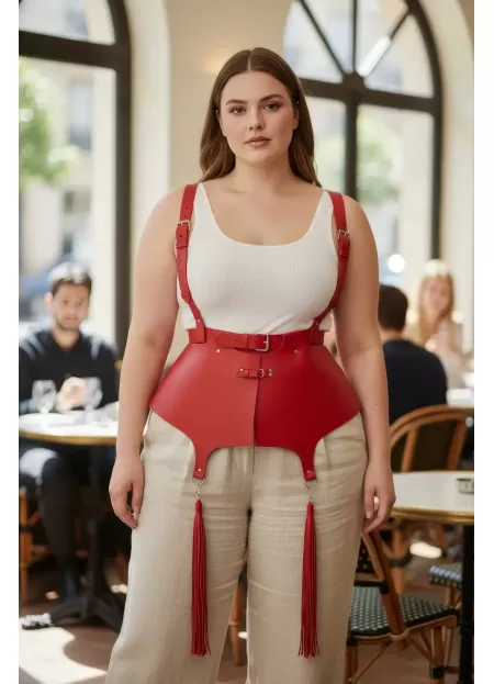 Büyük Beden Kırmızı Kadın Kemer Korse Stili Askılı Deri Vücut Aksesuarı - APFT787
