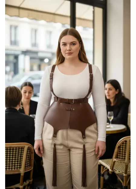 Büyük Beden Kahverengi Kadın Kemer Korse Stil Askılı Püskül Detaylı Deri - APFT787