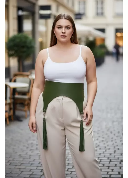 Büyük Beden Haki Kadın Kemer Korse Stil Püskül Detaylı - APFT788