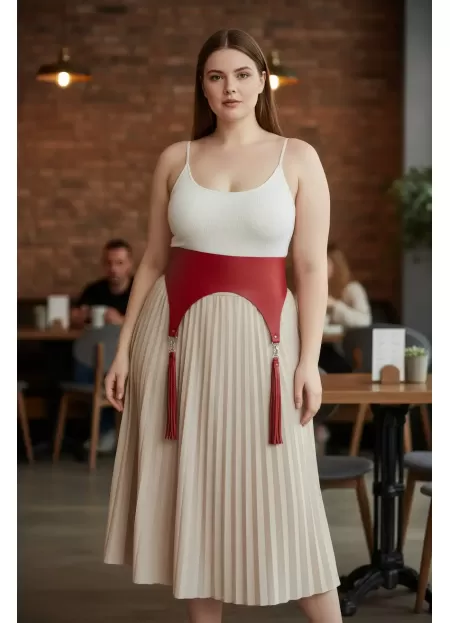 Büyük Beden Kırmızı Kadın Kemer Korsaj Model Püskül Detaylı - APFT788