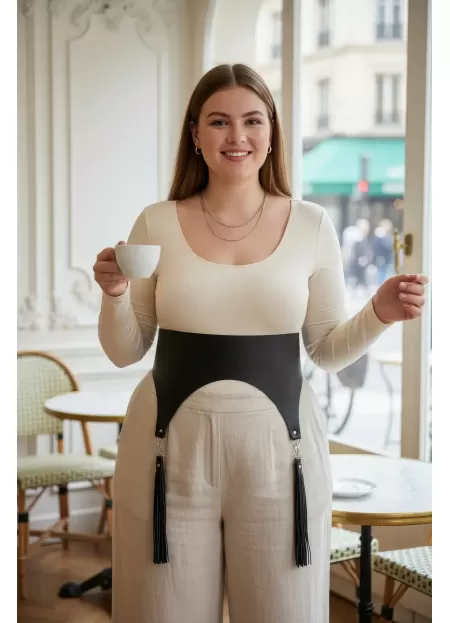 Büyük Beden Siyah Kadın Kemer Geniş Korse Model Püskül Detaylı - APFT788