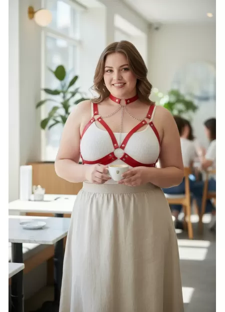 Büyük Beden Kırmızı Kadın Kemer Zincir Detaylı Deri Harness - APFT797