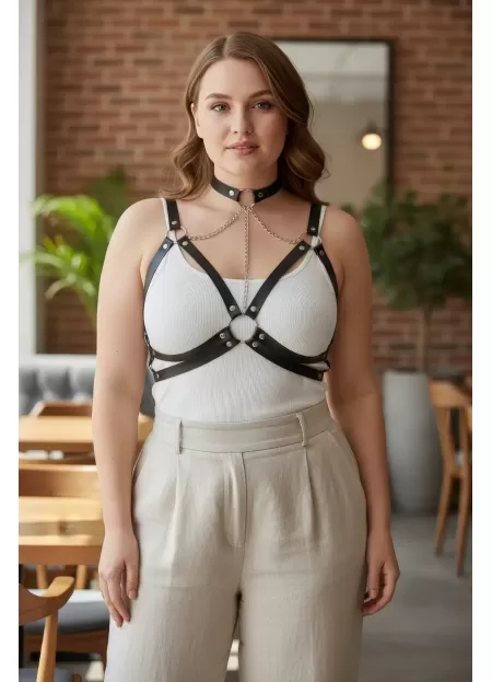 Büyük Beden Siyah Kadın Kemer Zincir Detaylı Deri Harness Vücut Aksesuarı - APFT797