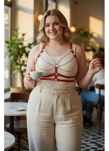 Büyük Beden Kırmızı Kadın Kemer Zincir Detaylı Deri Vücut Aksesuarı - APFT808