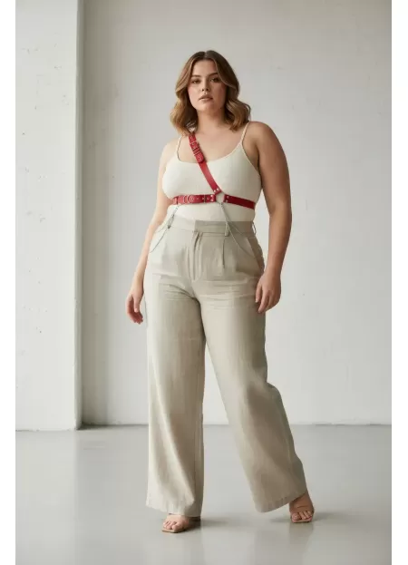 Büyük Beden Kırmızı Kadın Deri Harness Kemer Zincir Detaylı Vücut Aksesuarı - APFT813