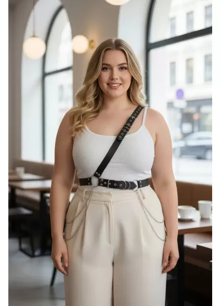 Büyük Beden Siyah Kadın Kemer Zincir Detaylı Body Harness Stil Vücut Aksesuarı - APFT813