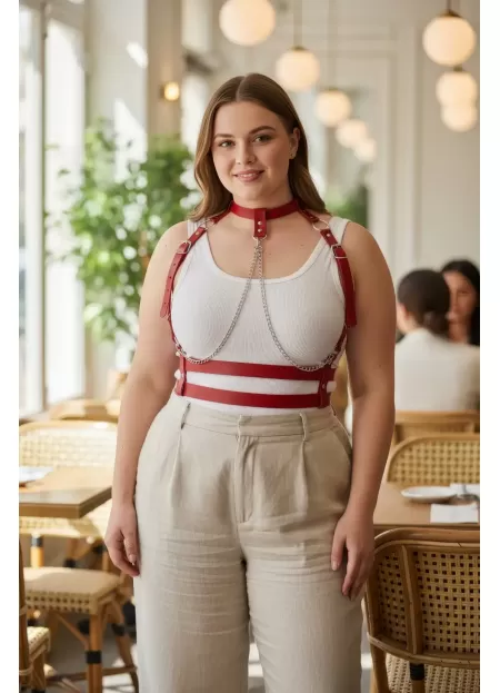 Büyük Beden Kırmızı Kadın Kemer Zincir Detaylı Deri Harness Vücut Aksesuarı - APFT824