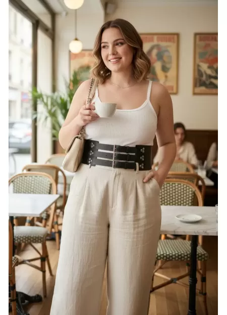 Büyük Beden Siyah Kadın Kemer Çoklu Tokalı Geniş Korsaj Model - APFT827