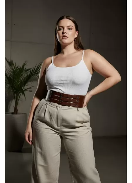 Büyük Beden Kahverengi Kadın Kemer Geniş Bel Korse Detaylı - APFT827
