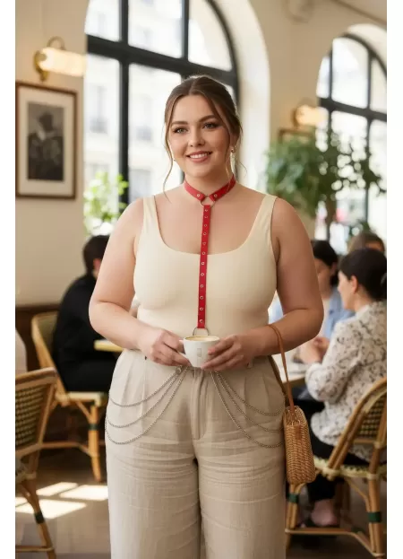 Büyük Beden Kırmızı Kadın Deri Kemer Halka Detaylı Vücut Aksesuarı - APFT840