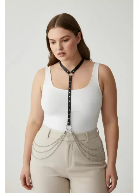 Büyük Beden Siyah Kadın Vücut Kemeri Zincir Detaylı Deri Görünümlü Aksesuar - APFT840