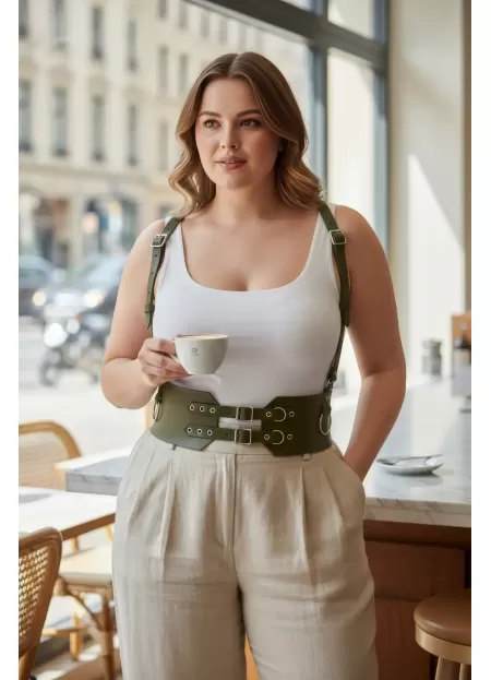 Büyük Beden Haki Kadın Deri Kemer Omuz Askılı Kuşgözü Detaylı Korse Model - APFT853