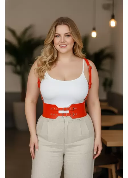 Büyük Beden Turuncu Kadın Kemer Askılı Korse Görünümlü Çift Tokalı Deri - APFT853