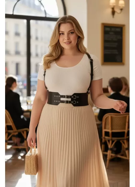 Büyük Beden Siyah Kadın Deri Kemer Geniş Korse Görünümlü Omuz Askılı - APFT853