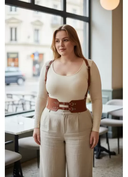 Büyük Beden Taba Kadın Deri Kemer Askılı Korse Tarzı Çift Tokalı - APFT853