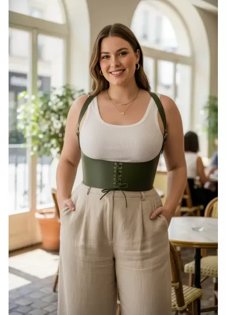 Büyük Beden Haki Kadın Korse Kemer Bağcıklı Detaylı Estetik Tasarım - APFT855