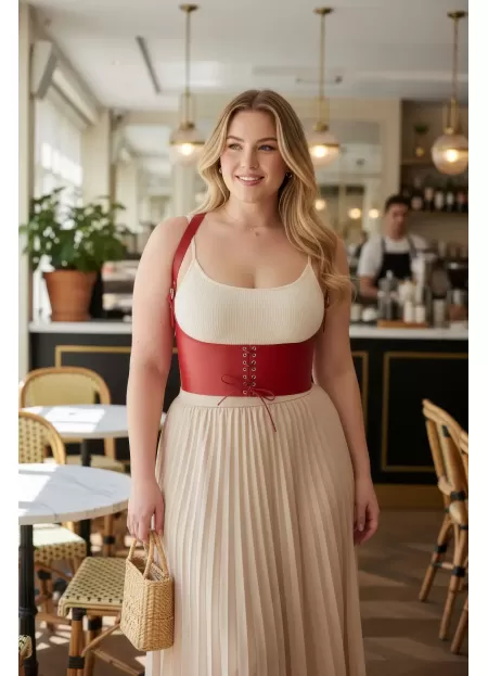 Büyük Beden Kırmızı Kadın Kemer Bağcıklı Korse Stili Omuz Askılı - APFT855