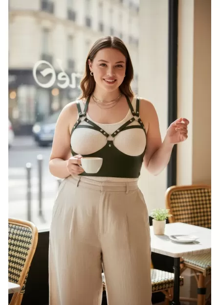 Büyük Beden Haki Kadın Kemer Perçin Detaylı Deri Harness Vücut Kuşağı - APFT872