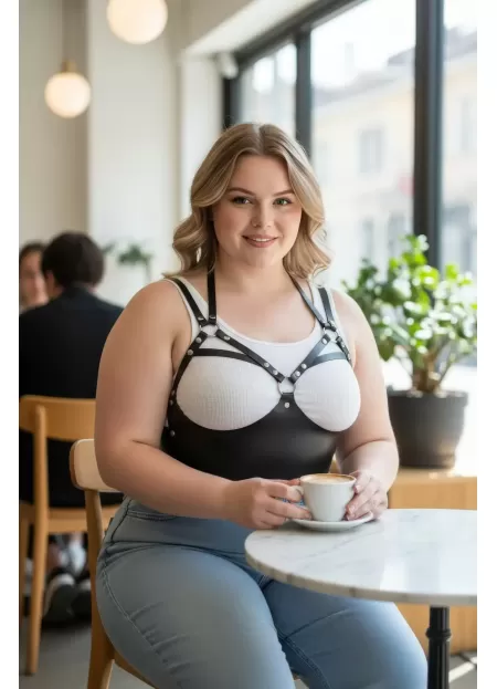 Büyük Beden Siyah Kadın Kemer Halka Detaylı Deri Sütyen Harness Vücut Aksesuarı - APFT872