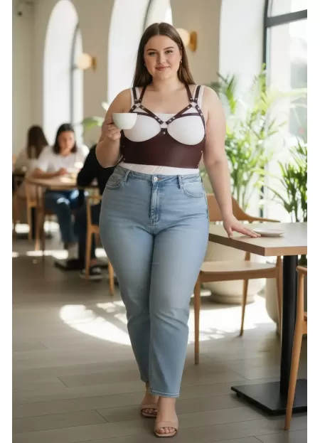 Büyük Beden Bordo Kadın Kemer Askılı Korse Stil Zımba Detaylı - APFT872