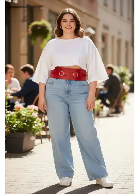 Büyük Beden Kırmızı Kadın Kemer Geniş Korse Görünümlü Çift Tokalı - APFT875