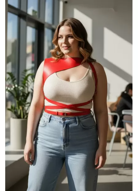 Büyük Beden Kırmızı Kadın Kemer Omuz Detaylı Deri Kombin Aksesuarı - APFT903