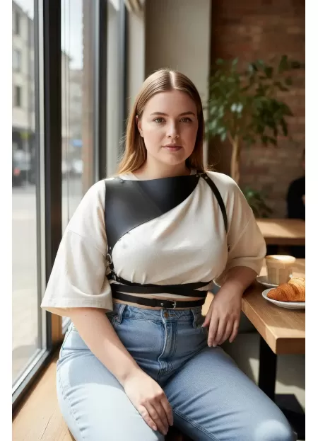 Büyük Beden Siyah Kadın Kemer Kıyafet Üstü Deri Harness Vücut Aksesuarı - APFT903