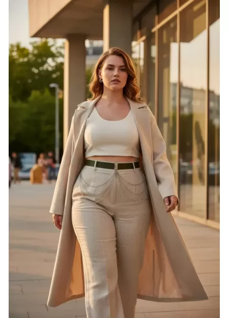 Büyük Beden Haki Kadın Deri Kemer Zincir Detaylı Kombin Tamamlayıcı - APFT904